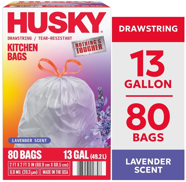 Main image of Husky 13 Gallon Tall Kitchen Drawstring Bags, Lavender Scented, 80 Count