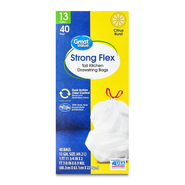 Alt view image 2 of 6 - Great Value Strong Flex Drawstring Tall Kitchen Trash Bags, 13Gal, Citrus Burst, 40Count