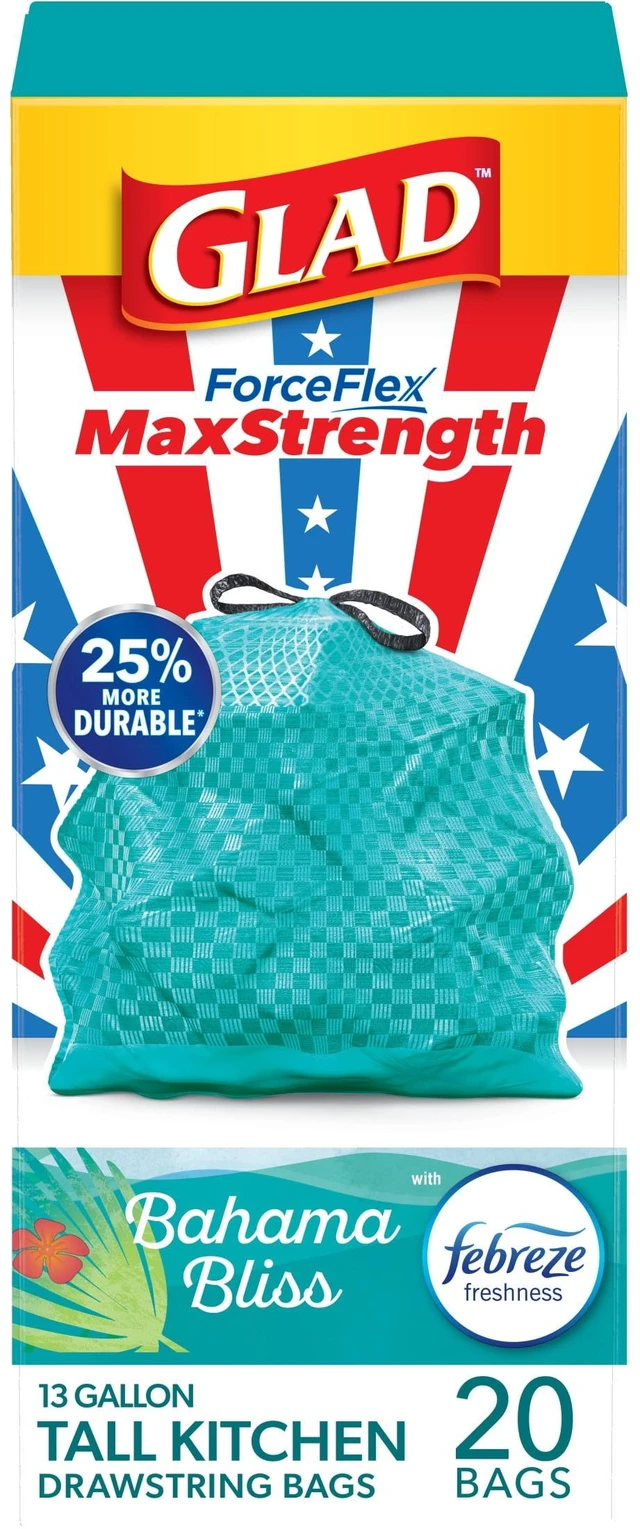Main image of Glad ForceFlex MaxStrength 13 Gallon Teal Drawstring Tall Kitchen Trash Bags, Febreze Freshness Bahama Bliss Scent, 20 Bags
