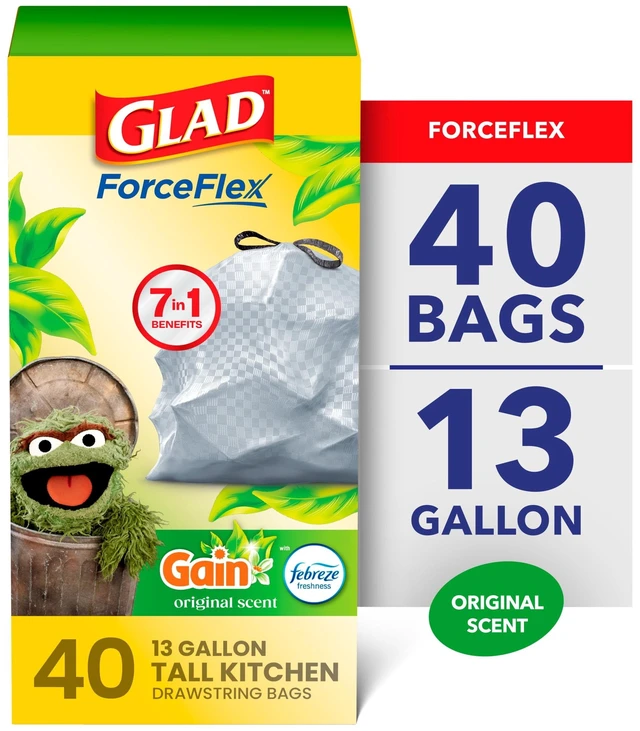 Main image of Glad ForceFlex 13-Gallon Tall Kitchen Drawstring Trash Bags, Gain Original Scent, 40 Bags