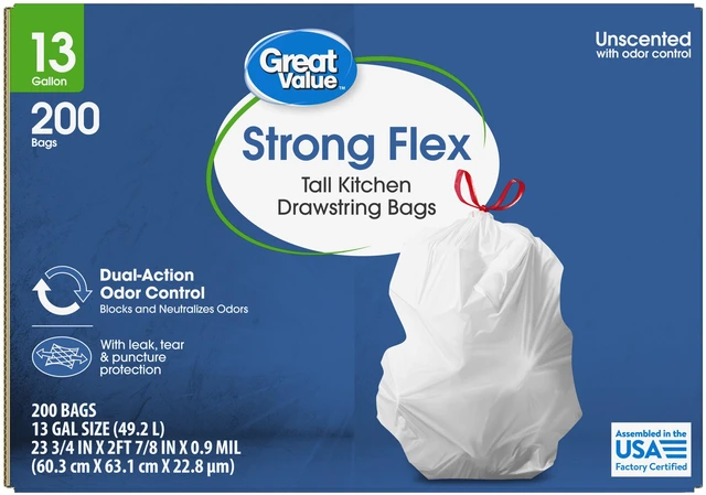 Main image of Great Value 13-Gallon Strong Flex Tall Kitchen Drawstring Trash Bags, 200 Count