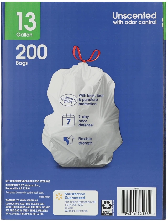 Alt view image 5 of 5 - Great Value 13-Gallon Strong Flex Tall Kitchen Drawstring Trash Bags, 200 Count