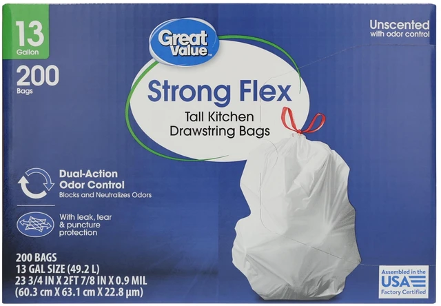 Alt view image 3 of 5 - Great Value 13-Gallon Strong Flex Tall Kitchen Drawstring Trash Bags, 200 Count