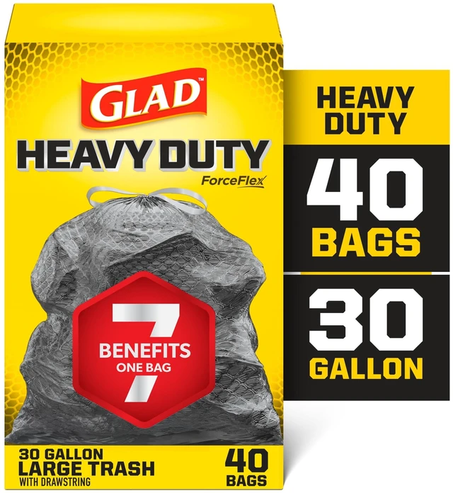 Main image of Glad Heavy Duty ForceFlex 30-Gallon Drawstring Large Black Trash Bags, 40 Count