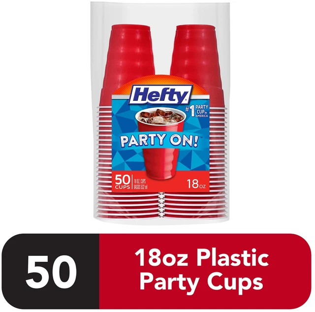 Main image of Hefty Party On Disposable Plastic Cups, 18oz, Red, 50 Count