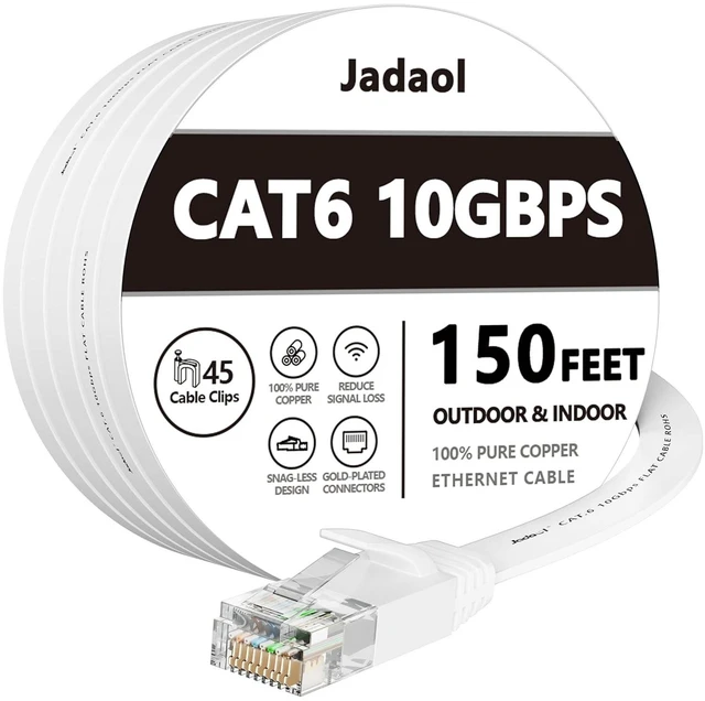 Alt view image 7 of 12 - Cat 6 Ethernet Cable 150 ft (45.72m), Outdoor & Indoor, 10Gbps Support Cat 8 Cat 7 Network, Long Flat Internet LAN Patch Cord, Cat6 Solid High Speed Weatherproof Cable for Router, Modem, Switch, White