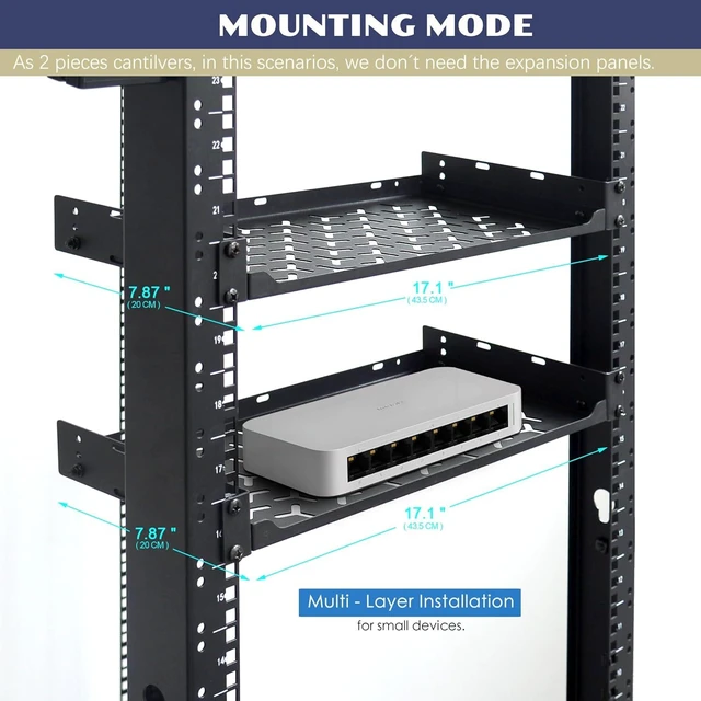 Alt view image 11 of 12 - 1U Rack Shelves (2-Pack), 1 PCS 8" Deep Cantilever & 1 PCS 12" Deep Cantilever, with Optional Joints to Combine as One Full Size Server Rack Shelf