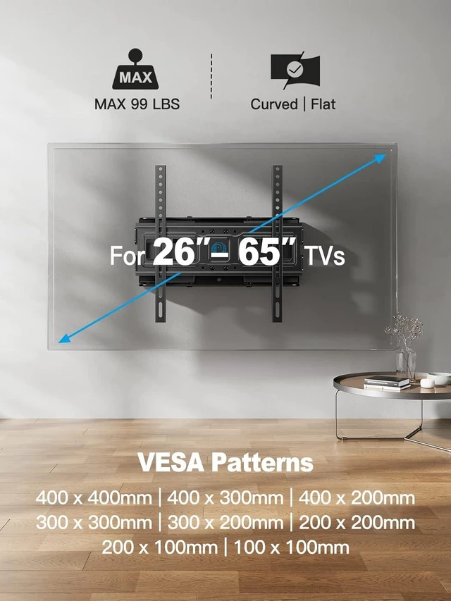 Alt view image 10 of 14 - Pipishell TV Wall Mount for 26-65 inch LED LCD OLED 4K TVs up to 99lbs, Full Motion TV Mount Bracket Articulating Swivel Extension Tilting Leveling Max VESA 400x400mm, Fits 12/16 Inch Wood Studs