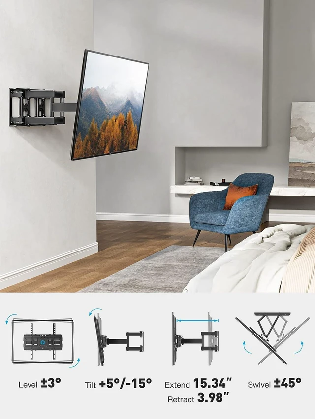 Alt view image 13 of 14 - Pipishell TV Wall Mount for 26-65 inch LED LCD OLED 4K TVs up to 99lbs, Full Motion TV Mount Bracket Articulating Swivel Extension Tilting Leveling Max VESA 400x400mm, Fits 12/16 Inch Wood Studs