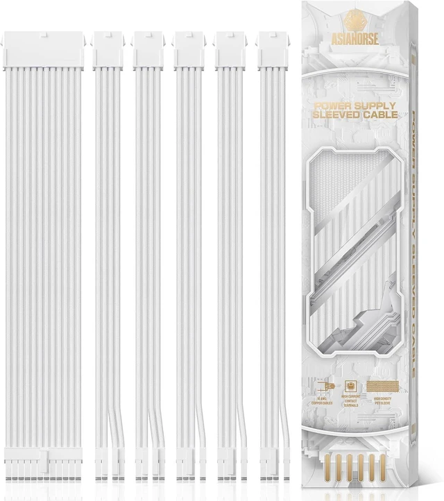 Alt view image 8 of 14 - AsiaHorse Power Supply Sleeved Cable, 16 AWG PSU Extension Cable Kit of White Connector, 1x24Pin/2x4+4 EPS/3x6+2 PCI-E, 30cm Length with Combs-White