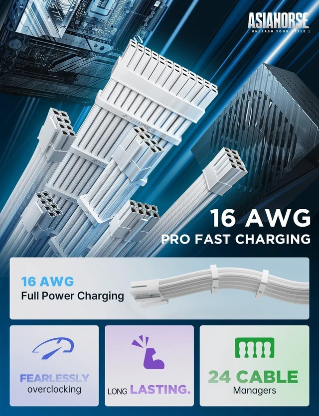 Alt view image 9 of 14 - AsiaHorse Power Supply Sleeved Cable, 16 AWG PSU Extension Cable Kit of White Connector, 1x24Pin/2x4+4 EPS/3x6+2 PCI-E, 30cm Length with Combs-White