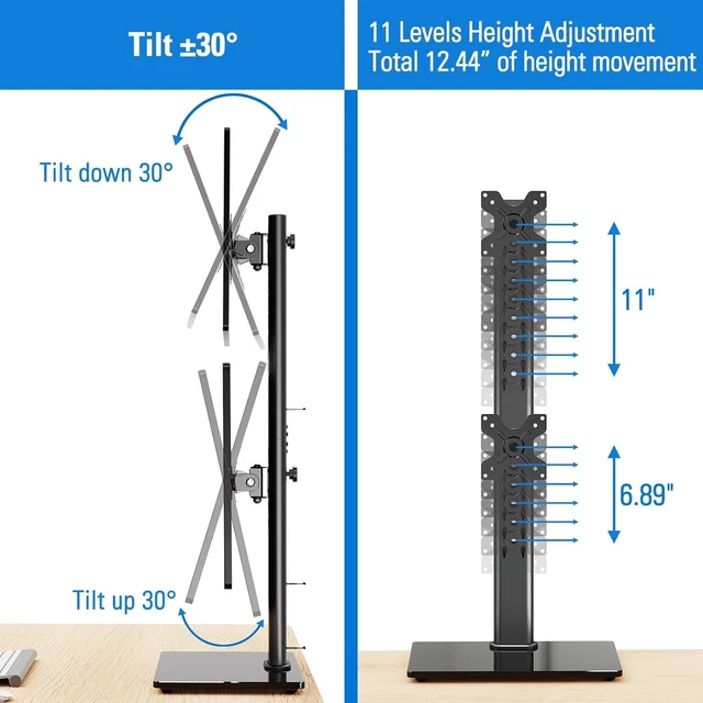 Alt view image 11 of 14 - MOUNTUP Vertical Dual Monitor Stand, Stack Two Screens up to 32 inches,17.6 Lbs, Free-Standing Monitor Desk Mount, Monitor Riser with Swivel, Tilt, Height Adjustable, VESA Stand 100 x 100mm, 75 x 75mm