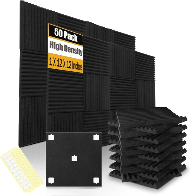 Alt view image 5 of 8 - 50 Pack Acoustic Foam Panels 1" X 12" X 12" Wedge Soundproof Studio Foam for Walls Sound Absorbing Panels Sound Insulation for Studio (50 Pack, Black)