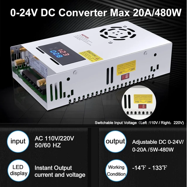 Alt view image 9 of 14 - IMAYCC Adjustable Power Supply with LED Display - 110V AC to 24V DC Converter 480W 20A