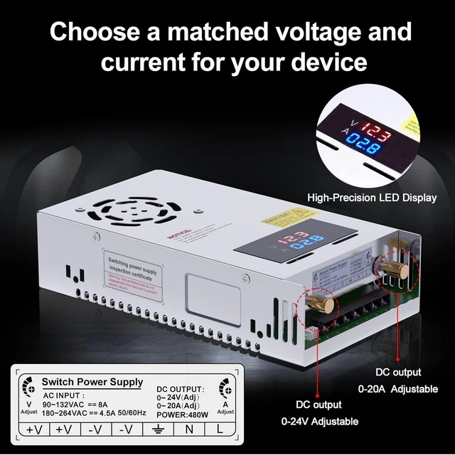 Alt view image 10 of 14 - IMAYCC Adjustable Power Supply with LED Display - 110V AC to 24V DC Converter 480W 20A