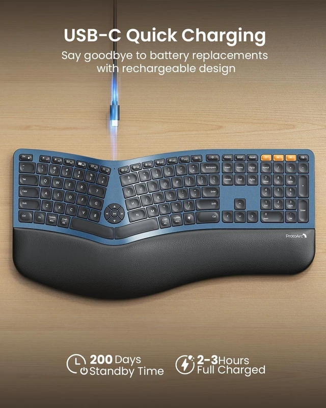 Alt view image 13 of 14 - ProtoArc Backlit Bluetooth Ergonomic Keyboard, EK01 Plus Full Size Wireless Split Keyboard with Dual Bluetooth and USB, Cushioned Wrist Rest, Rechargeable, Compatible with Windows/Mac/Android, Blue