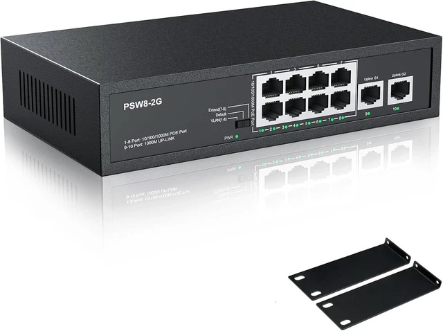 Alt view image 8 of 14 - 8 Port Full Gigabit PoE+ Switch with Rack Mount Ears, with 2 Gigabit Uplink Ports Up to 30W Per Port, Total Budget 120W, 48 Volt 802.3af/at Compliant, Compatible with PoE IP Cameras VOIP Phones