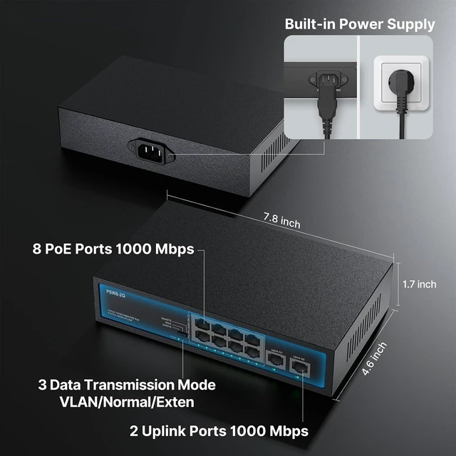 Alt view image 9 of 14 - 8 Port Full Gigabit PoE+ Switch with Rack Mount Ears, with 2 Gigabit Uplink Ports Up to 30W Per Port, Total Budget 120W, 48 Volt 802.3af/at Compliant, Compatible with PoE IP Cameras VOIP Phones