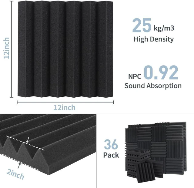Alt view image 9 of 14 - Sound Proof Foam Panels - 12 x 12 x 2 Inches 36 Pack Wedges Acoustic Foam Panels Sound Proofing Padding for Walls and Ceiling High Density Foam Studio Foam (Black)