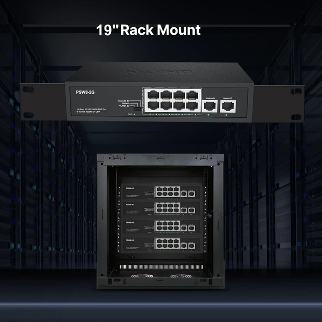 Alt view image 14 of 14 - 8 Port Full Gigabit PoE+ Switch with Rack Mount Ears, with 2 Gigabit Uplink Ports Up to 30W Per Port, Total Budget 120W, 48 Volt 802.3af/at Compliant, Compatible with PoE IP Cameras VOIP Phones