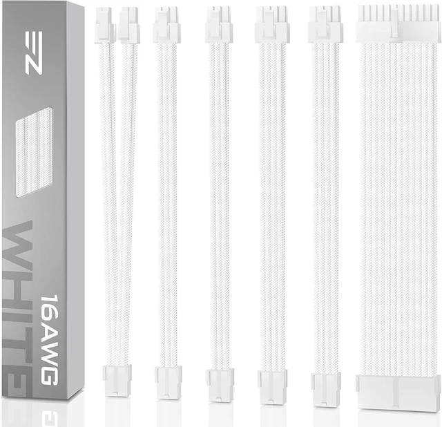 Alt view image 8 of 14 - EZDIY-FAB PSU Cable Extension kit Sleeved Cable Custom Power Supply Sleeved Extension 16 AWG 24-PIN 8-PIN 6-PIN 4+4-PIN with White Combs-White Connector-White Cable
