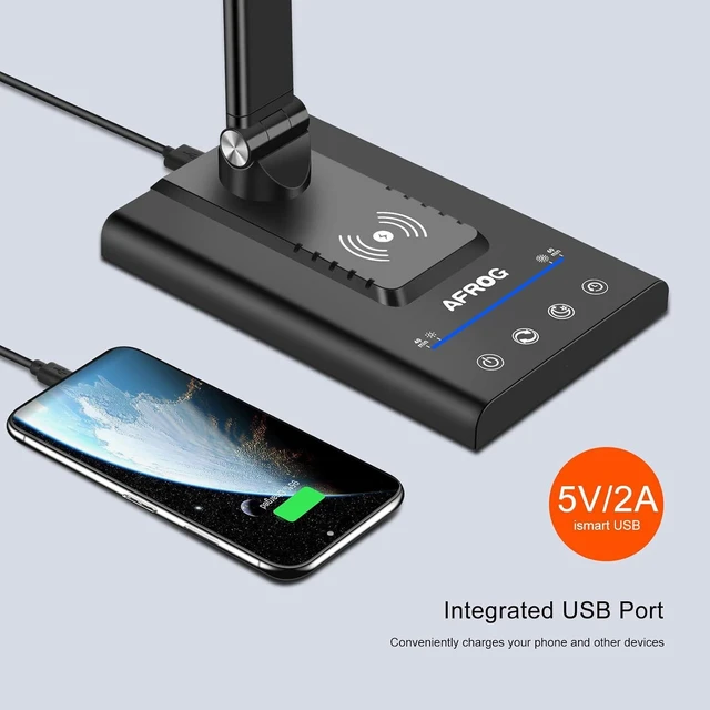 Alt view image 12 of 14 - AFROG 5th Gen Multifunctional LED Desk Lamp with 10W Fast Wireless Charger, USB Charging Port,1800Lux Super Bright,5 Lighting Mode,7 Brightness, Touch Control, Auto Timer, 15W Office Table Lamp