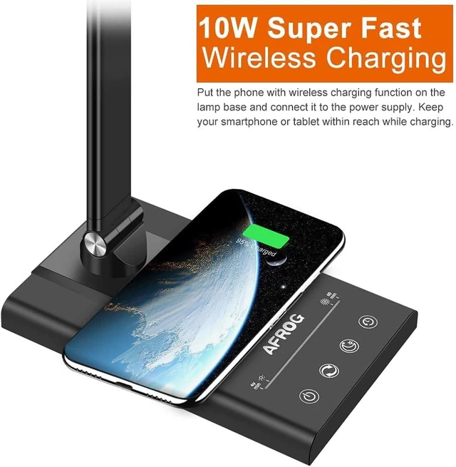 Alt view image 11 of 14 - AFROG 5th Gen Multifunctional LED Desk Lamp with 10W Fast Wireless Charger, USB Charging Port,1800Lux Super Bright,5 Lighting Mode,7 Brightness, Touch Control, Auto Timer, 15W Office Table Lamp