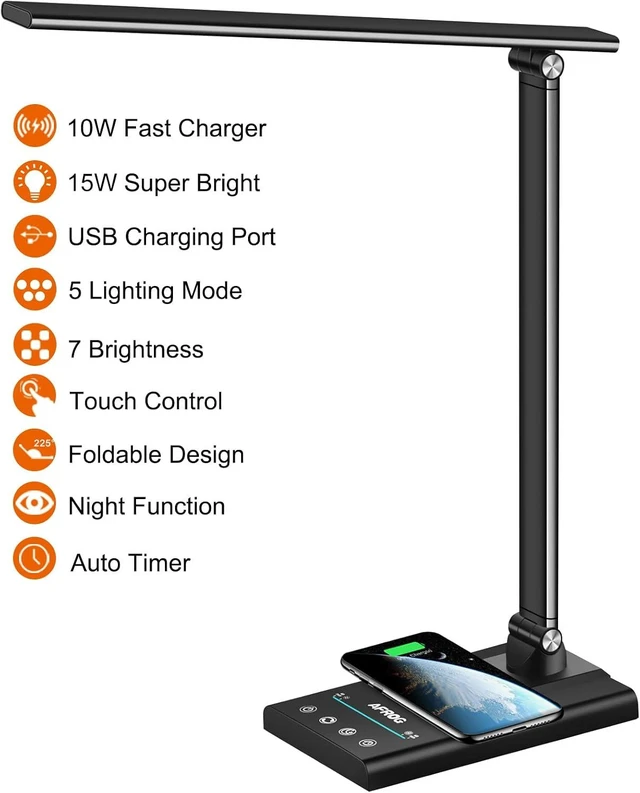 Alt view image 9 of 14 - AFROG 5th Gen Multifunctional LED Desk Lamp with 10W Fast Wireless Charger, USB Charging Port,1800Lux Super Bright,5 Lighting Mode,7 Brightness, Touch Control, Auto Timer, 15W Office Table Lamp