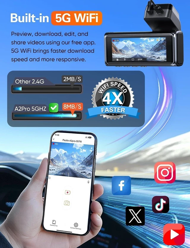 Alt view image 11 of 14 - Navycrest 4K+2.5K WiFi Dash Cam Front and Rear, Built-in 5G WiFi, Free 64GB Card, Dash Camera for Cars, Dual Dashcam, G-Sensor, 24/7 Parking Mode, 3'' IPS Screen, Loop Recording, WDR Silver