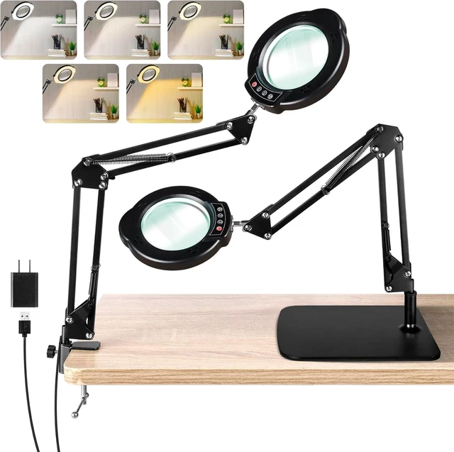 Alt view image 8 of 14 - 10X Magnifying Glass with Light and Stand, LED Desk Lamp with Base and Clamp, 5 Color Mode, 10 Dimmable Levels, Hands Free for Reading Crafts Jewelry Sewing Close Work