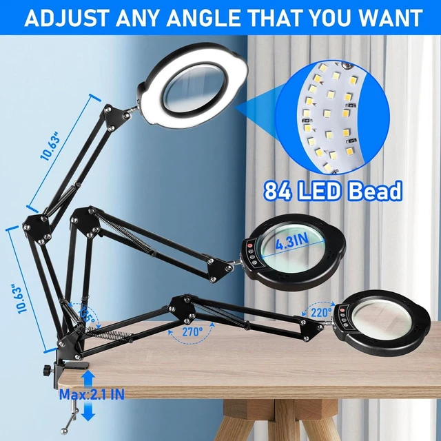 Alt view image 9 of 14 - 10X Magnifying Glass with Light and Stand, LED Desk Lamp with Base and Clamp, 5 Color Mode, 10 Dimmable Levels, Hands Free for Reading Crafts Jewelry Sewing Close Work