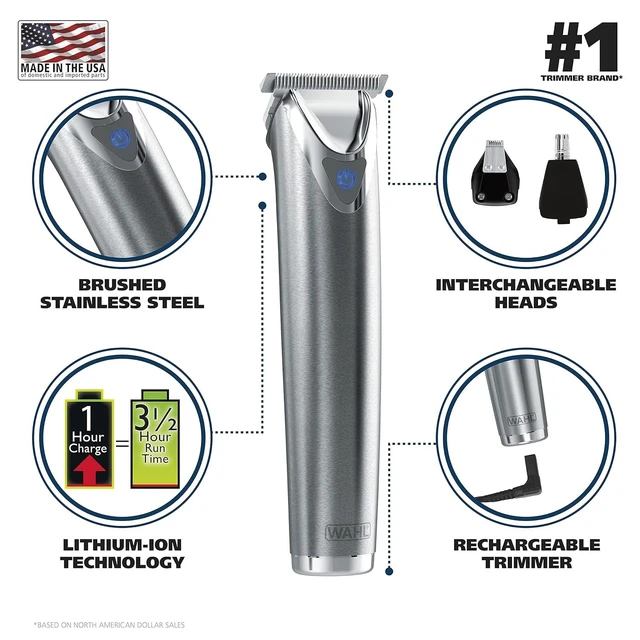Alt view image 10 of 14 - Wahl USA Stainless Steel Lithium-Ion Cordless Beard Trimmer for Men - Rechargeable All in One Men's Beard Trimmer with Rotary Ear & Nose Trimmer, & Detail Trimmer - Model 9818A
