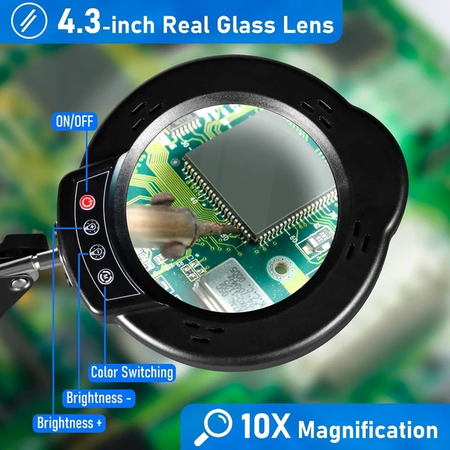 Alt view image 13 of 14 - 10X Magnifying Glass with Light and Stand, LED Desk Lamp with Base and Clamp, 5 Color Mode, 10 Dimmable Levels, Hands Free for Reading Crafts Jewelry Sewing Close Work