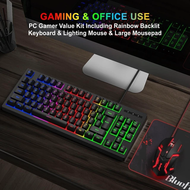 Alt view image 12 of 14 - RGB 87 Keys Gaming Keyboard and Backlit Mouse Combo,BlueFinger USB Wired Rainbow Keyboard,Gaming Keyboard Set for Laptop PC Computer Game and Work