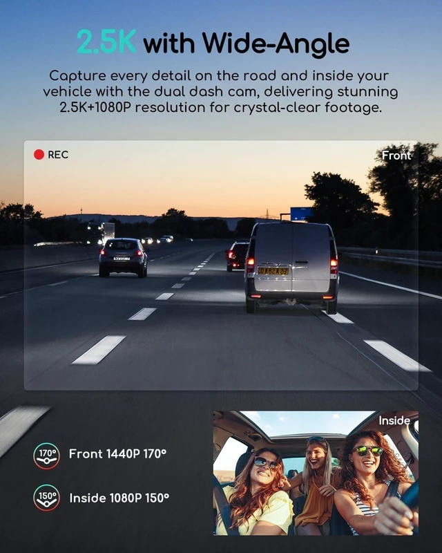 Alt view image 10 of 14 - COOAU Dual Dash Cam 2.5K+1080P, Dash Cam Front and Inside, Built-in GPS and WI-FI, Dash Camera for Cars, Perfect for Uber and Taxi Drivers, Night Vision, Accident Record, 24Hr Parking Mode