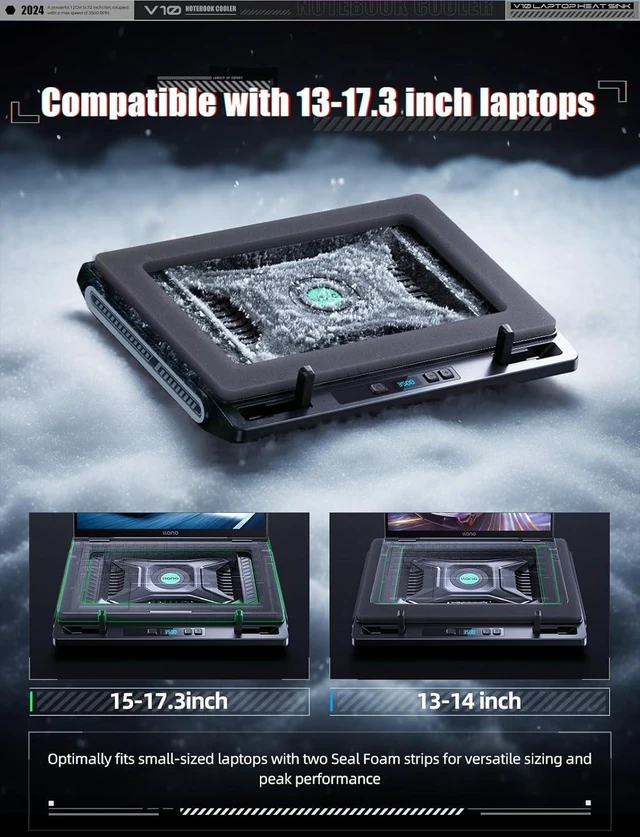 Alt view image 12 of 14 - llano Laptop Cooler, Gaming Laptop Cooling Pad with 3500RPM Turbofan, 4.72 Inch External Fan Laptop Stand, Adjustable Variable Speed, Button Control, Seal Foam for Rapid Laptop13-17.3in, V10, Black