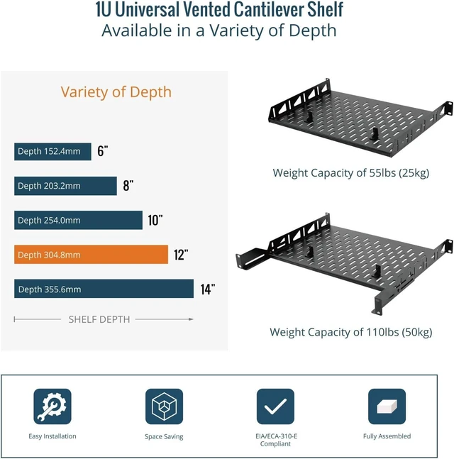 Alt view image 13 of 14 - Tecmojo 1U Rack Shelf,19 inch Rack Shelf 12 inch Depth,Rack Mount Shelf with Anti-Slip Stops,Server Rack Shelf and Network Shelf for 19 in Equipments, 110lbs Capacity of Vented 1U Shelf,No Lip(2 Pack)