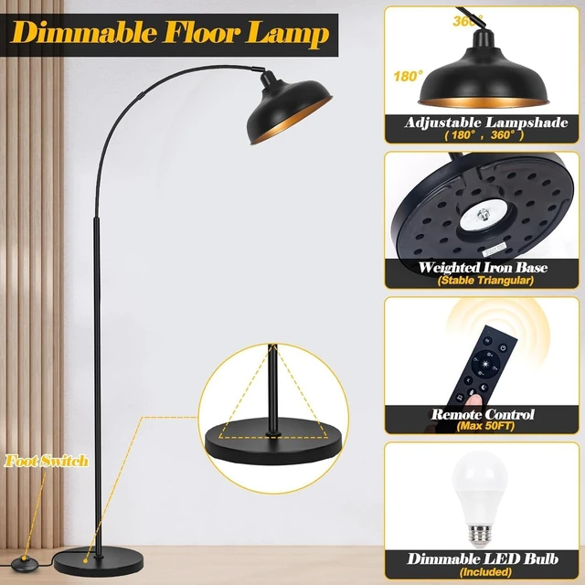 Alt view image 8 of 12 - Arch Floor Lamps with Remote - Dimmable Floor Lamp 70, Black Tall Lamp with 360° Adjustable Hanging Metal Shade, Arc Lamps Floor Standing with 9W Bulb, Over Couch Lamps for Living Room, Foot Switch