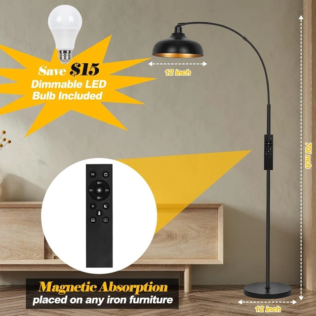 Alt view image 10 of 12 - Arch Floor Lamps with Remote - Dimmable Floor Lamp 70, Black Tall Lamp with 360° Adjustable Hanging Metal Shade, Arc Lamps Floor Standing with 9W Bulb, Over Couch Lamps for Living Room, Foot Switch