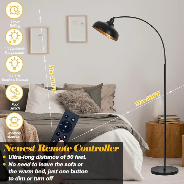 Alt view image 12 of 12 - Arch Floor Lamps with Remote - Dimmable Floor Lamp 70, Black Tall Lamp with 360° Adjustable Hanging Metal Shade, Arc Lamps Floor Standing with 9W Bulb, Over Couch Lamps for Living Room, Foot Switch