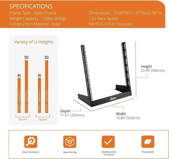 Alt view image 8 of 12 - Tecmojo 2 Post 12U Desktop Server Rack Small Open Frame Rack for 19in AV/Data/Audio/Studio Equipment Free Standing Home/Office Rack,Square Hole