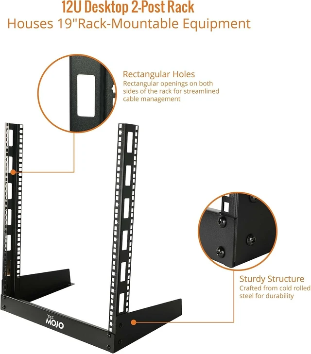 Alt view image 10 of 12 - Tecmojo 2 Post 12U Desktop Server Rack Small Open Frame Rack for 19in AV/Data/Audio/Studio Equipment Free Standing Home/Office Rack,Square Hole