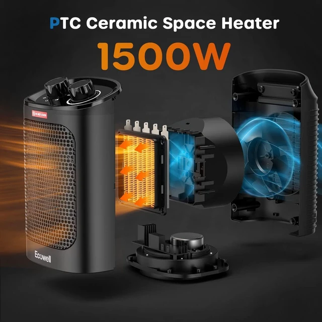 Alt view image 11 of 14 - ECOWELL 1500W Portable Space Heater for Indoor Use, 60°Oscillating,Small Electric Heater Fan with Adjustable Thermostat for Bedroom Office Desk