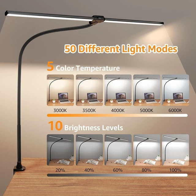 Alt view image 9 of 14 - ShineTech Led Desk Lamp for Office Home, Bright Double Head Desk Light with Clamp, Architect Task Lamp 50 Lighting Modes Adjustable Flexible Gooseneck