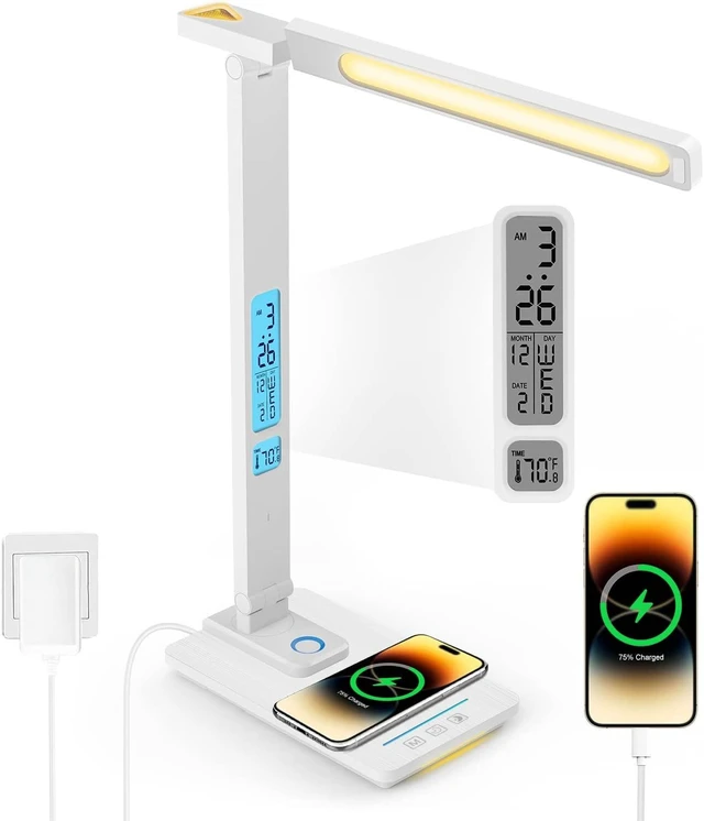 Alt view image 8 of 14 - LED Desk Lamp with Wireless Charger: Desk Lamps for Home Office Bedroom, 5 Color Modes & Brightness Dimmable, 2 Night Light