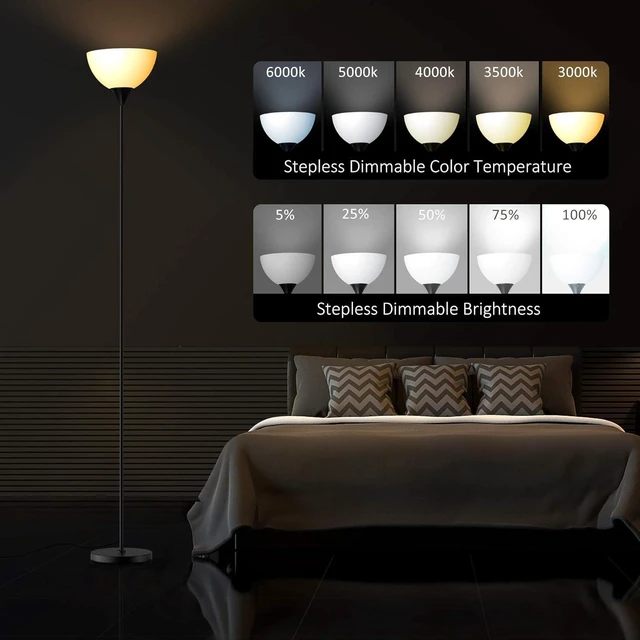 Alt view image 12 of 14 - PESRAE Floor Lamp, Remote Control with Stpeless Color Temperatures and Brightness, Torchiere lamp for Bedroom, Living Room, Bulb Included (Matte Black)