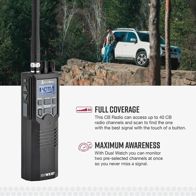 Alt view image 11 of 14 - Cobra HH50WXST Handheld CB Radio - Emergency Radio with Access to Full 40 Channels and NOAA Alerts, Earphone Jack, 4 Watt Power Output, Noise Reduction and Dual Channel Monitoring, Black