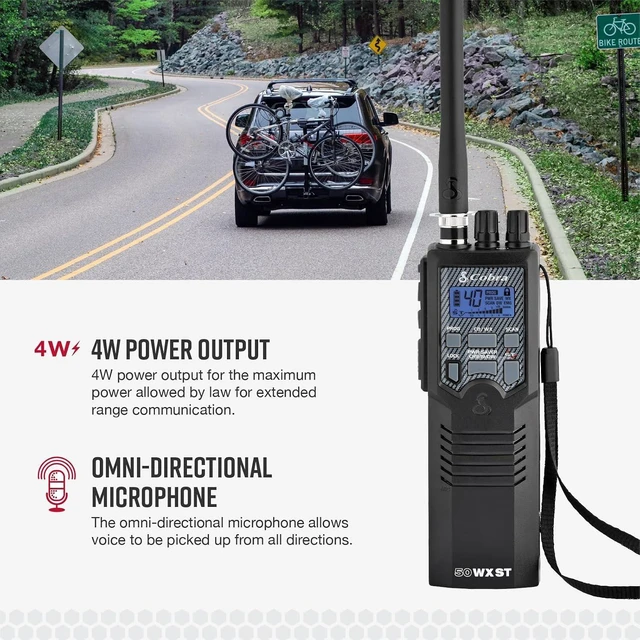Alt view image 12 of 14 - Cobra HH50WXST Handheld CB Radio - Emergency Radio with Access to Full 40 Channels and NOAA Alerts, Earphone Jack, 4 Watt Power Output, Noise Reduction and Dual Channel Monitoring, Black