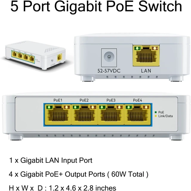 Alt view image 10 of 10 - 5 Port Gigabit PoE Switch - 4 PoE+ Ports, 60W Total, Plug and Play, Small Desktop Switch for Camera/Access Point/IP Phones