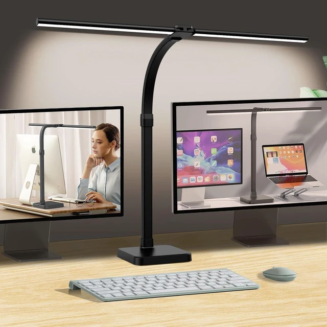 Alt view image 8 of 14 - LED Desk Lamp for Home Office, Double Head 24W with Base, Architect Light 5 Lighting Brightness Flexible Gooseneck Table Reading Study, Black